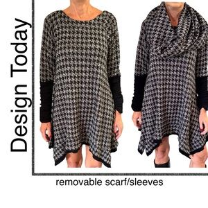 Design Today’s black gray houndstooth asymmetrical dress w removable collar, m
